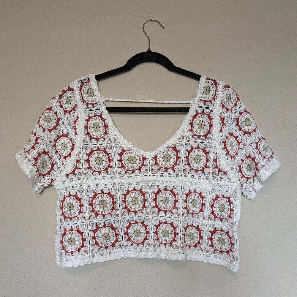 Crochet Granny Square  Short Sleeve Crop Top Size L